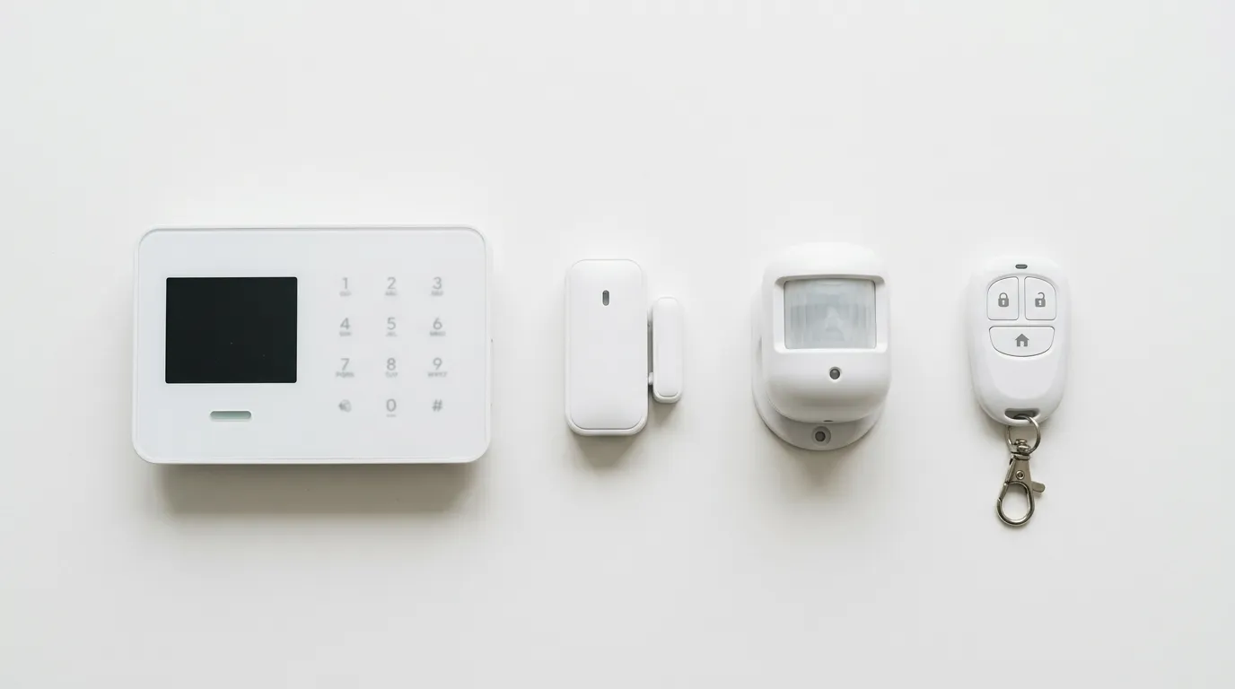 Wireless alarm system components laid out on white surface: control panel, door sensor, motion detector, remote control, clean minimalist styling