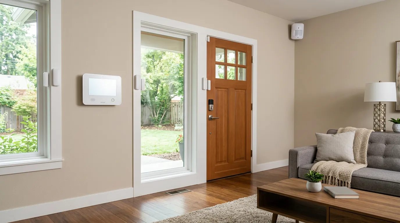 Complete home security system installation in living room: visible central unit, door and window sensors, motion detector in corner, professional setup